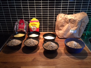 Från vänster: Polenta+pale ale malt, grötris+pale ale malt, pulvermos+pale ale malt och referens med bara pale ale malt